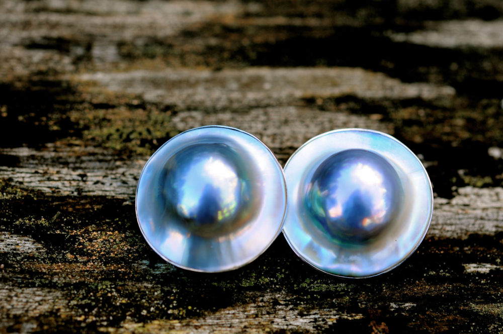 fabulous blue mabe pearl clip-on stud earrings, japanese mabe pearl, blue mabe pearl earrings