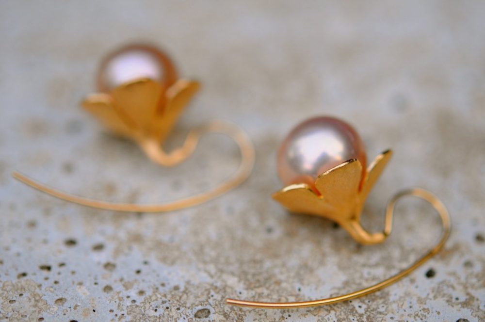 fabulous golden nude pearl dangle earrings, 13mm freshwater perfectly round pearl earrings, large pearl earrings set on vermeil flowers