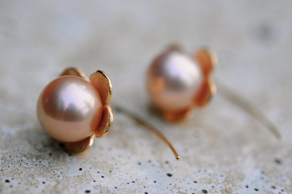 fabulous golden nude pearl dangle earrings, 13mm freshwater perfectly round pearl earrings, large pearl earrings set on vermeil flowers