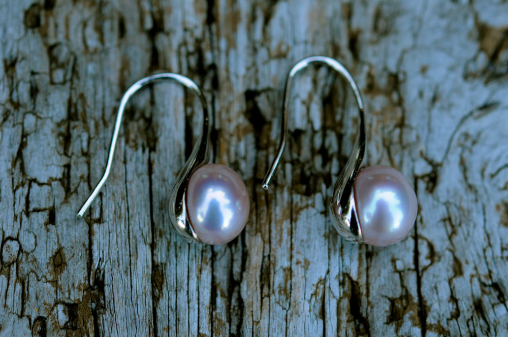 fine blush pink pearl earrings, 9mm pink pearl drop earrings set in sterling silver