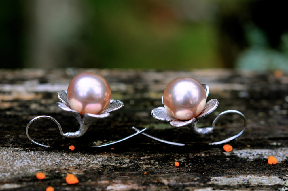 Flower power –  pretty pink pearl dangle earrings, 12mm perfectly round pearl earrings, large pearl earrings set on sterling silver flowers