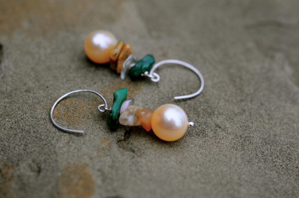 fresh spring earrings, pearl and jem stone dangle earrings, handmade earrings, peach and green earrings