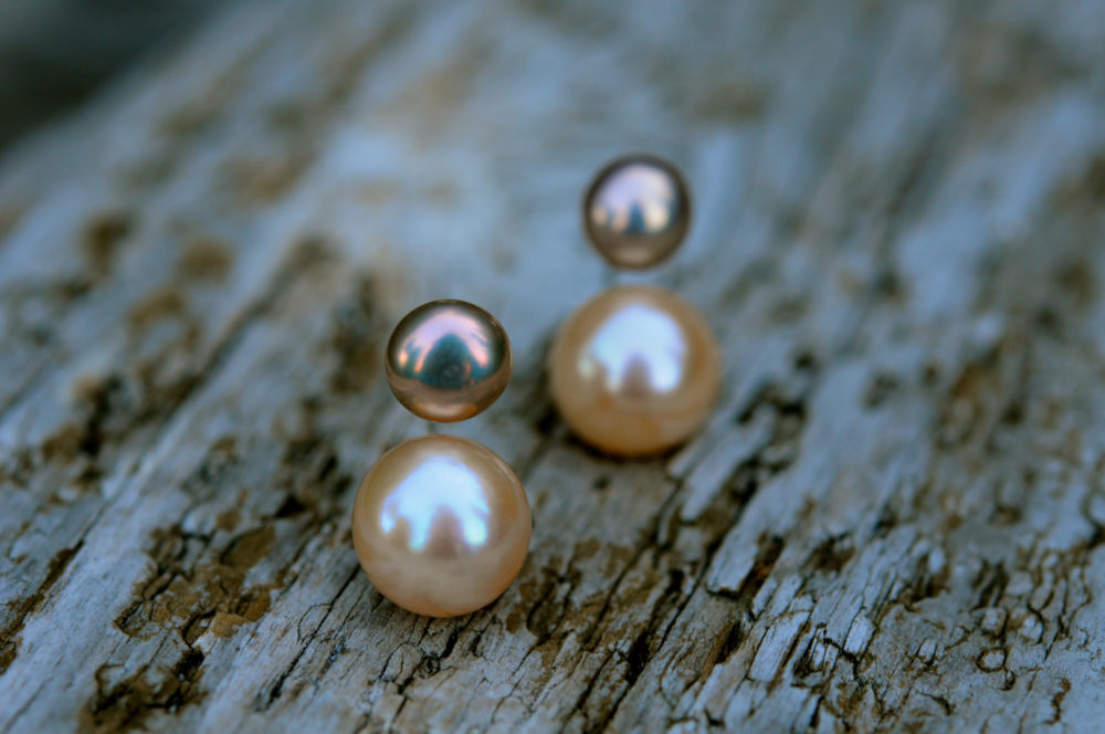 gold and peach double pearl earrings, golden pearl double studs, interchangeable pearl studs