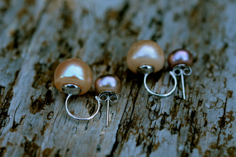 gold and peach double pearl earrings, golden pearl double studs, interchangeable pearl studs