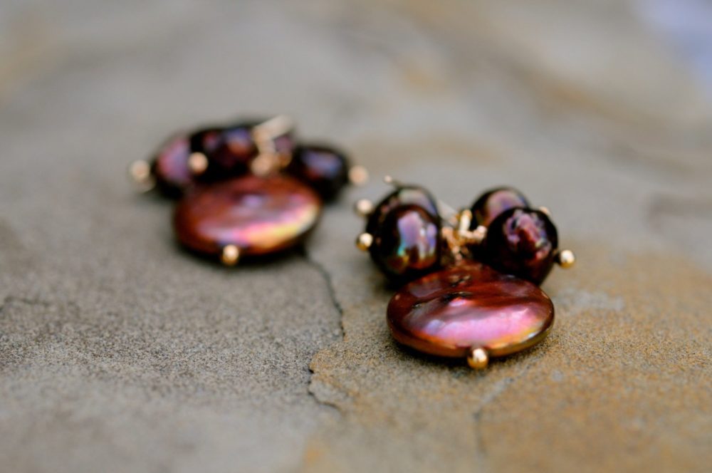 gold coin pearl dangle earrings, an autumn delight! dark chocolate baroque pearl cluster earrings, rich gold toned pearl earrings
