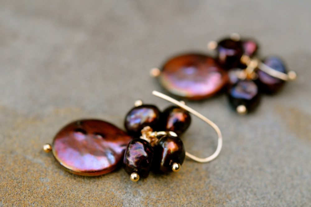 gold coin pearl dangle earrings, an autumn delight! dark chocolate baroque pearl cluster earrings, rich gold toned pearl earrings