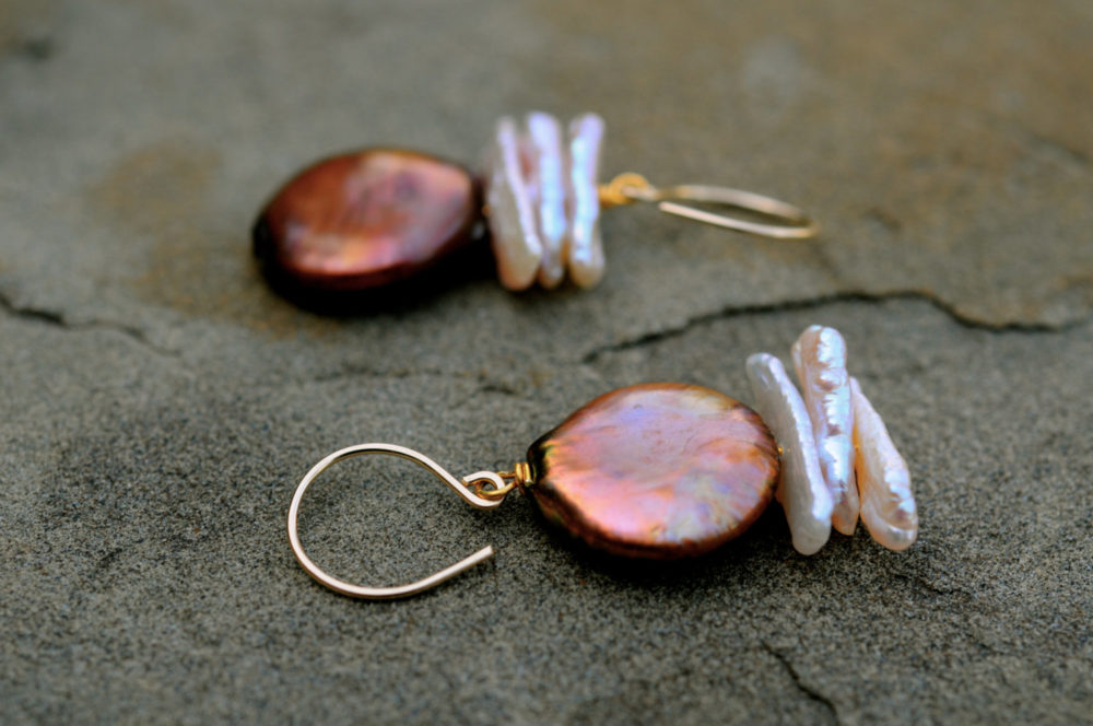 gold coin pearl dangle earrings, pink keshi pearl earrings, rich gold and soft pink pearl earrings, asymmetrical pearl earrings, handmade
