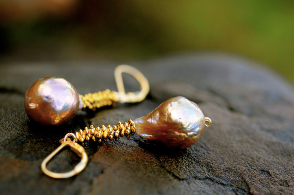golden baroque pearl earrings, freshwater pearl earrings, luxurious golden pearl dangle earrings