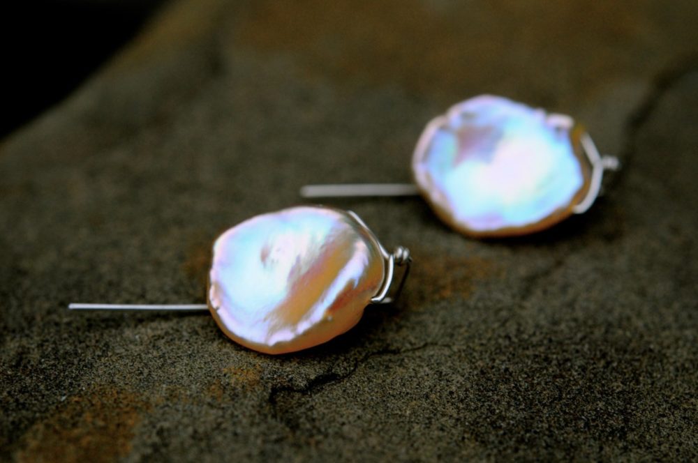 golden peach keshi pearl stud earrings, elegant fine earrings