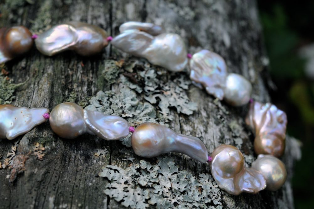 golden pink flameball baroque pearl necklace, jade clasp, earthy pink baroque pearl necklace, states unique beauty and effortless elegance!