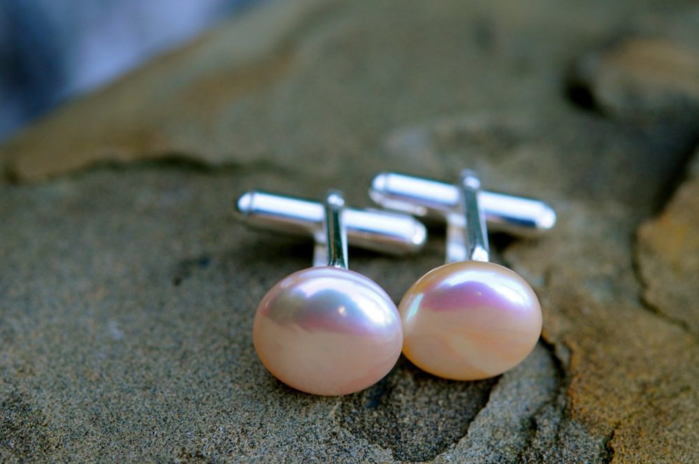 gorgeous button/coin pearl cufflinks, pink overtone on beautiful white coin pearl, solid sterling silver, cufflinks for him and for her