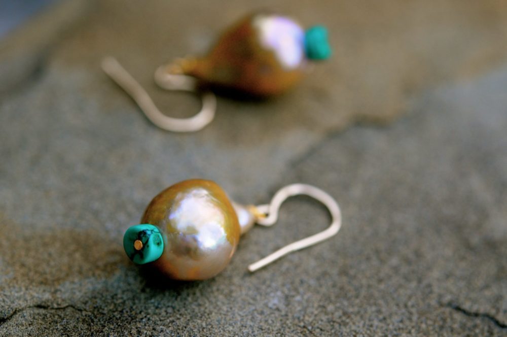 gorgeous gold baroque pearl and natural turquoise earrings, handmade gold filled ear wires, mature and fresh