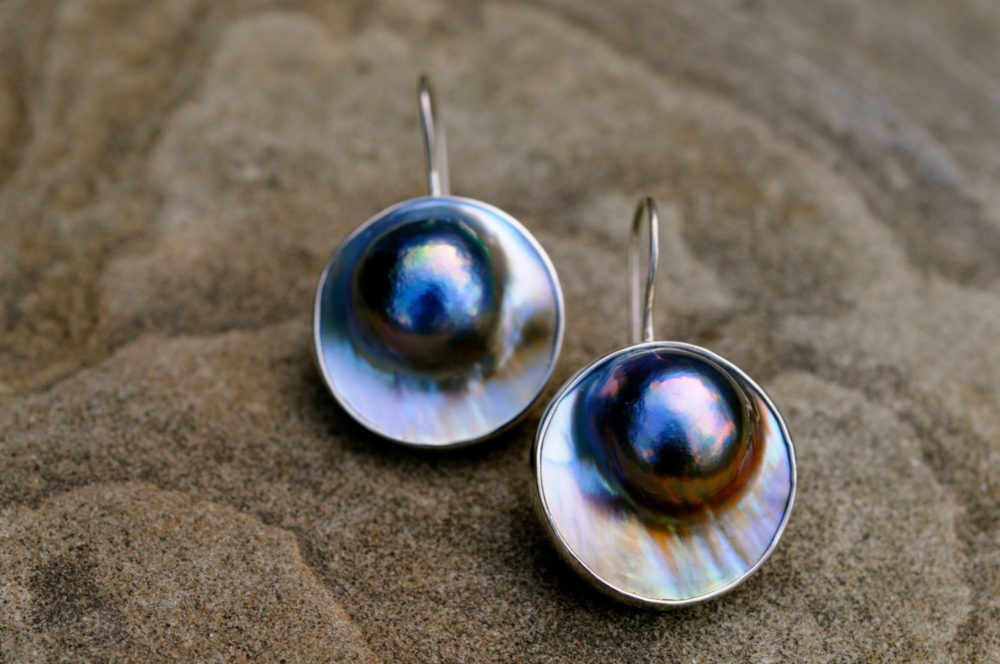 gorgeous grey mabe pearl dangle/drop earrings, natural salt water blister pearl earrings, hand crafted silver work