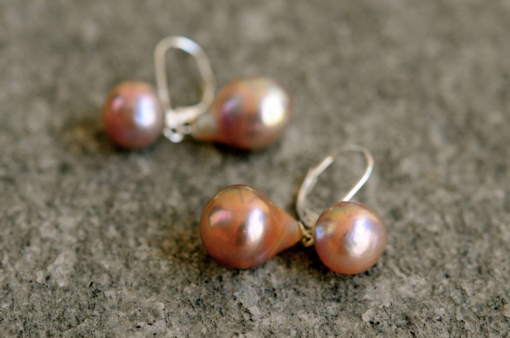 gorgeous pink kasumi double pearl earrings, rose pink ripple pearl dangle earrings, large kasumi pearl statement double pearl earrings