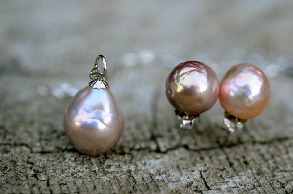 gorgeous pink kasumi pearl earring/pendant set, pink pearl set, pink kasumi pearl on silver