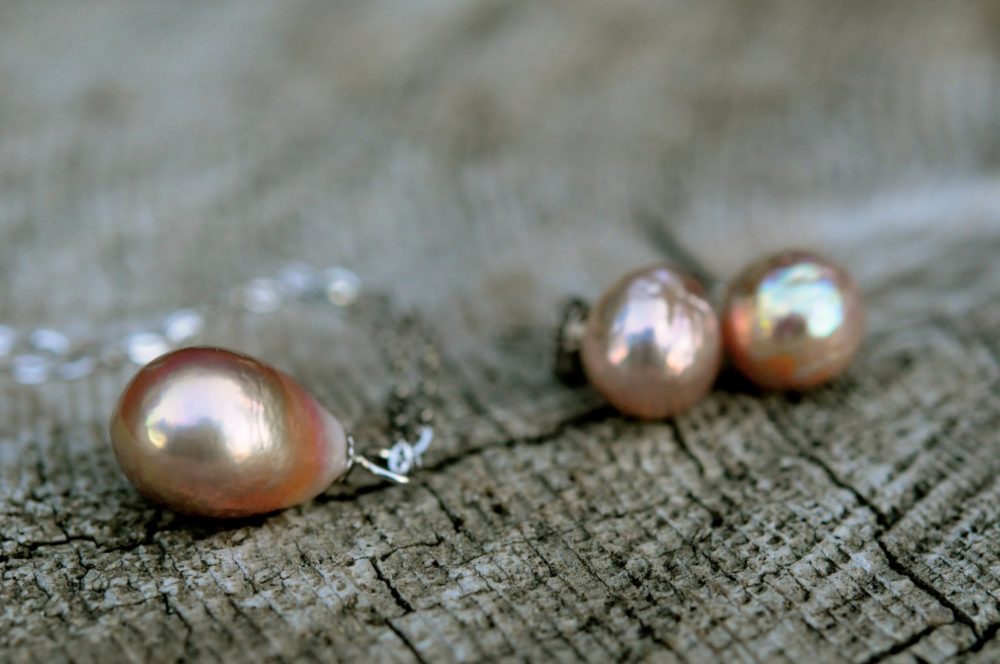 gorgeous pink kasumi pearl earring/pendant set, pink pearl set, pink kasumi pearl on silver