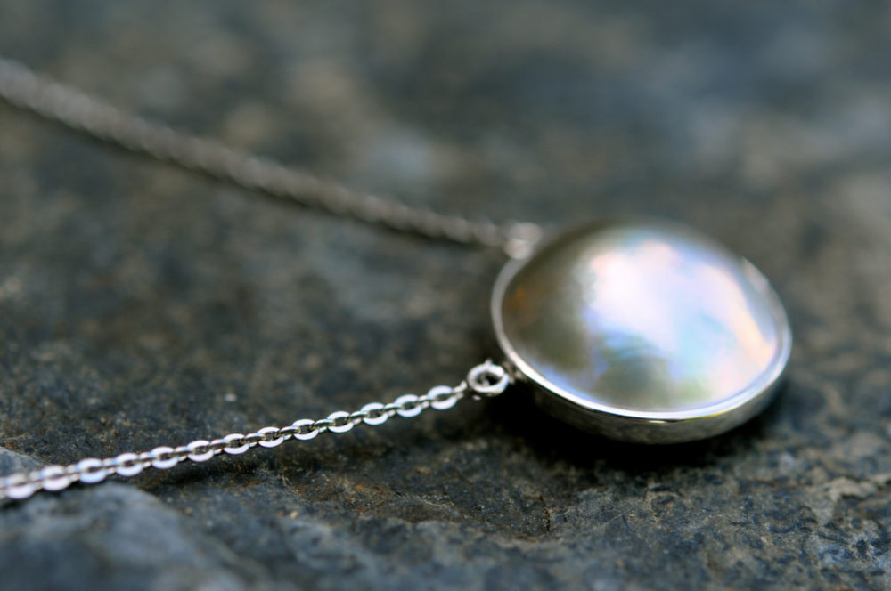 gorgeous silver grey mabe pearl pendant necklace, grey mabe pearl pendant in sterling silver settings and delicate pretty chain