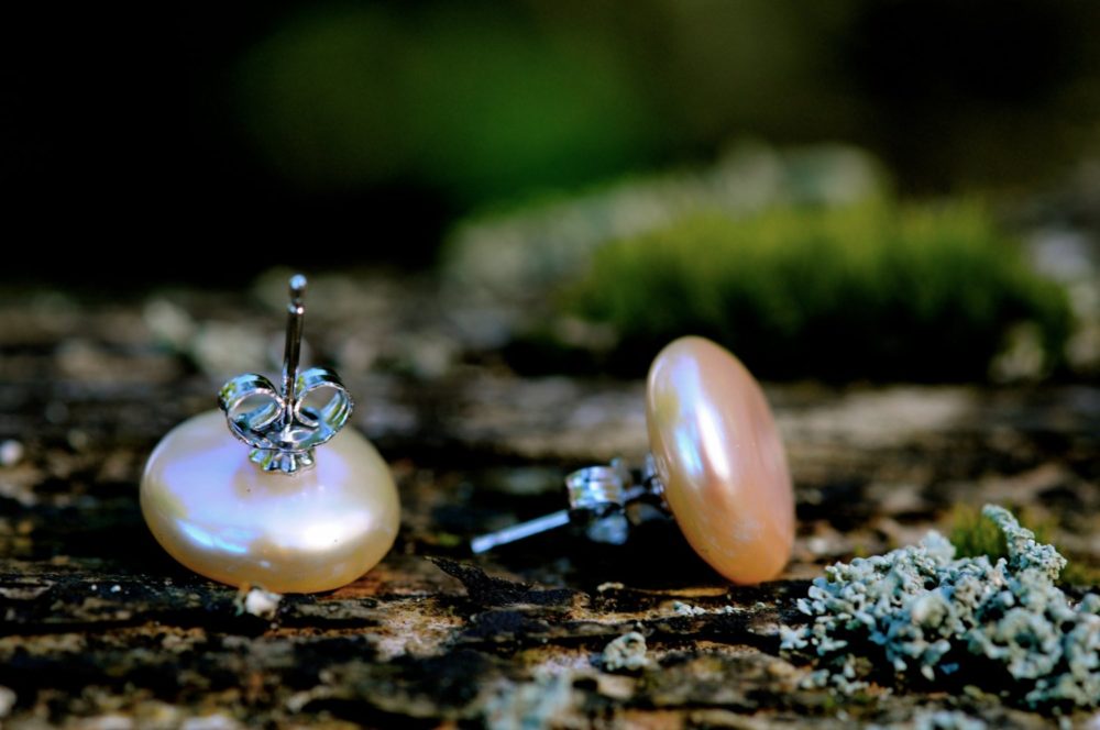 gorgeous sunny peach coin pearl stud earrings, golden peach pearl studs, large peach pearl stud earrings