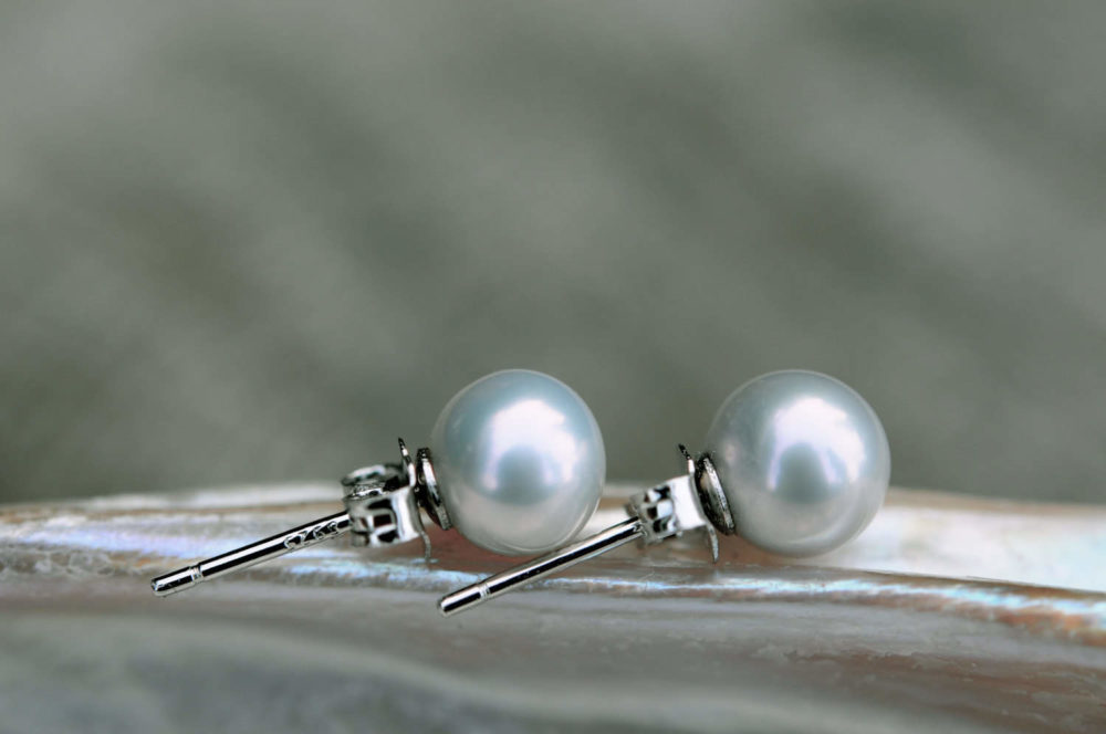 graceful natural blue 6.5-7mm round pearl stud earrings, fine pearl stud earrings, blue pearl earring studs