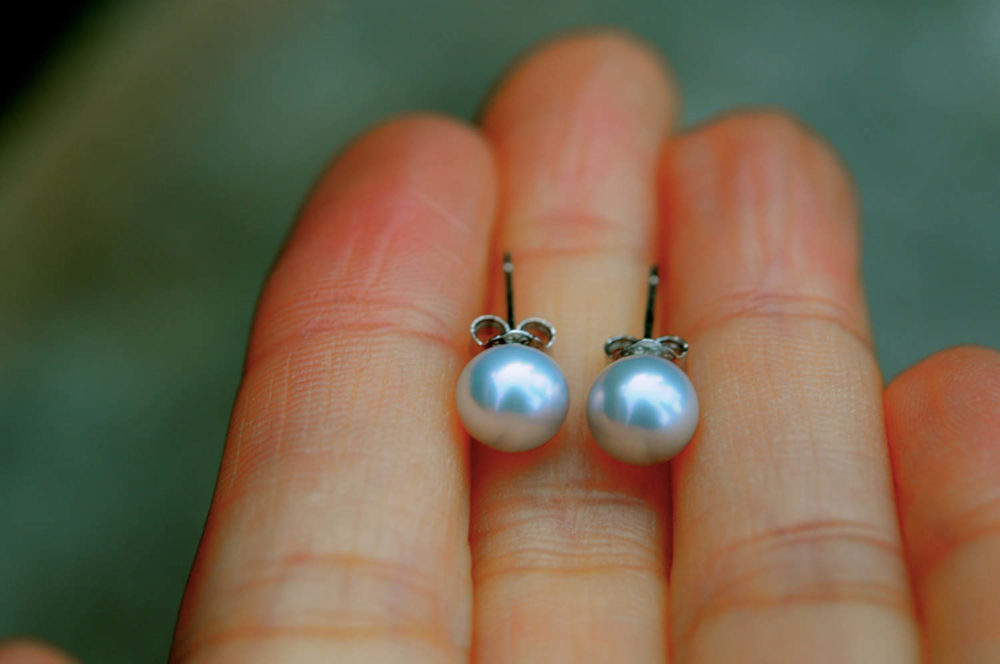 graceful natural blue 6.5-7mm round pearl stud earrings, fine pearl stud earrings, blue pearl earring studs