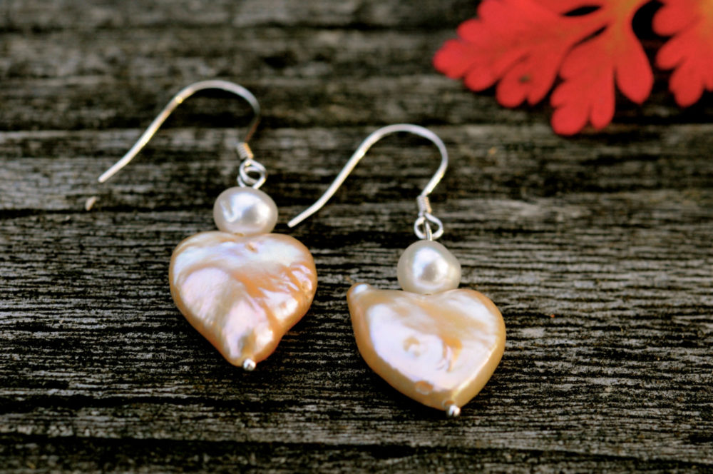 heart shape pink pearl earrings, unique dangle pearl earrings, handmade pearl earrings