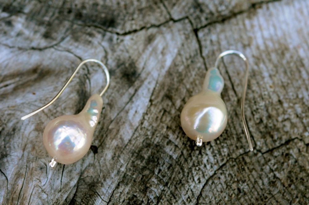 high lustre creamy/pink/green baroque pearl dangle earrings, handmade sterling silver ear wires