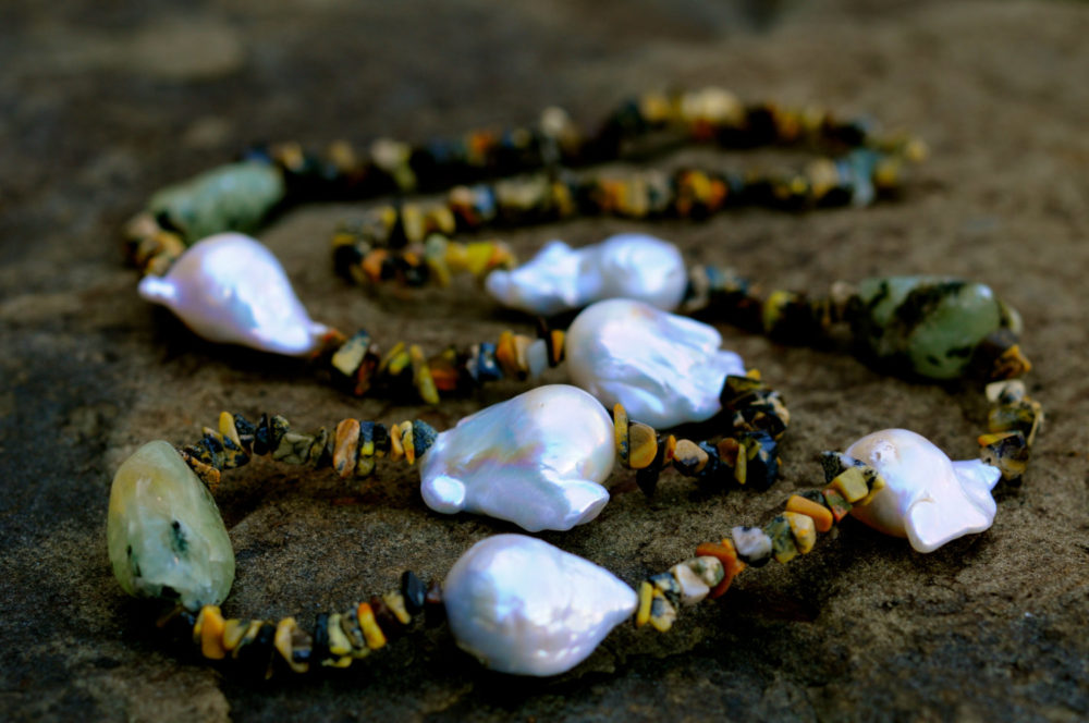 large baroque pearl and raw prehnite long necklace, one of a kind necklace, great gift for mom