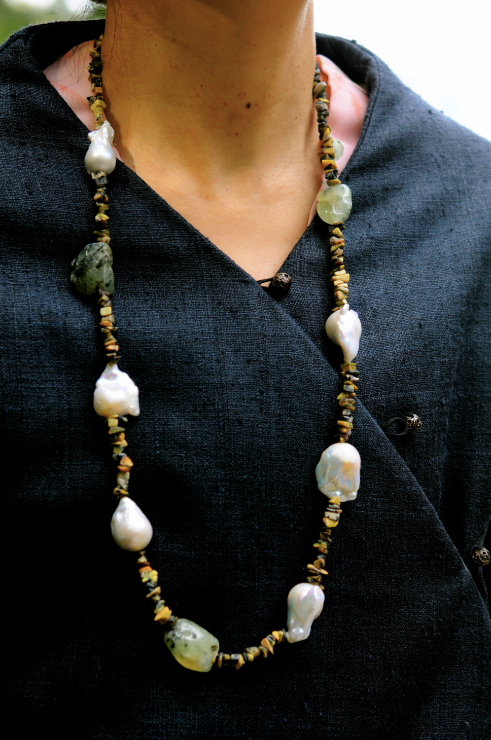 large baroque pearl and raw prehnite long necklace, one of a kind necklace, great gift for mom