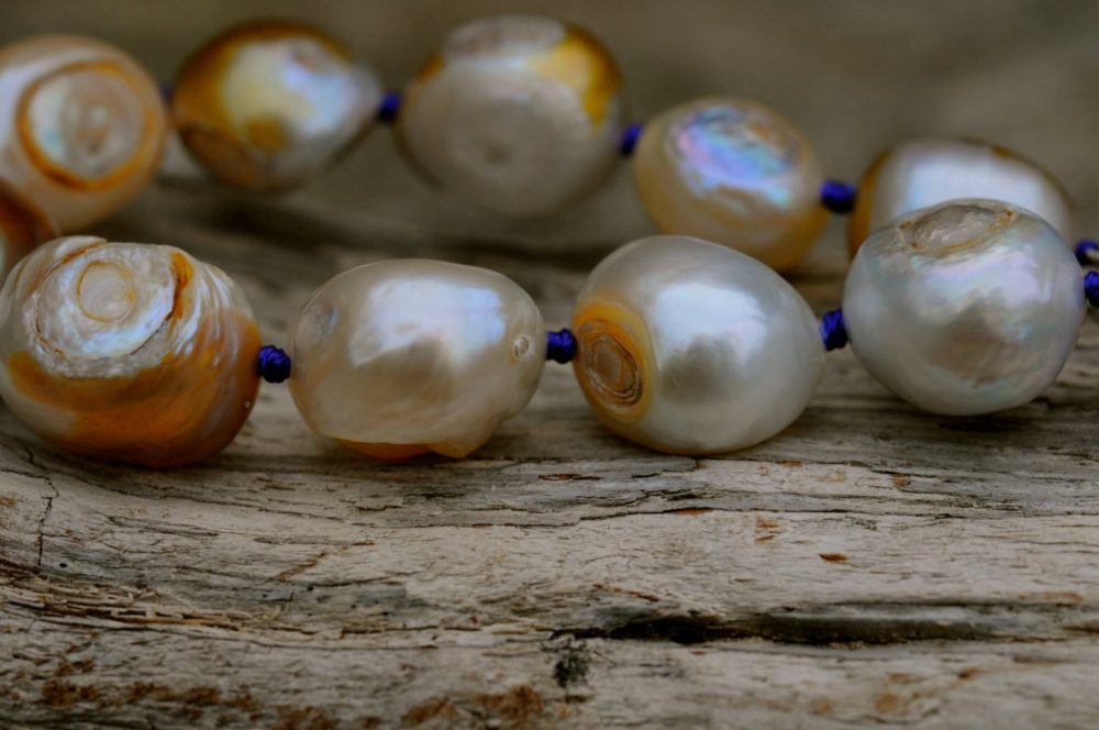 large golden multicolored raw pearl bracelet, purple thread hand tied