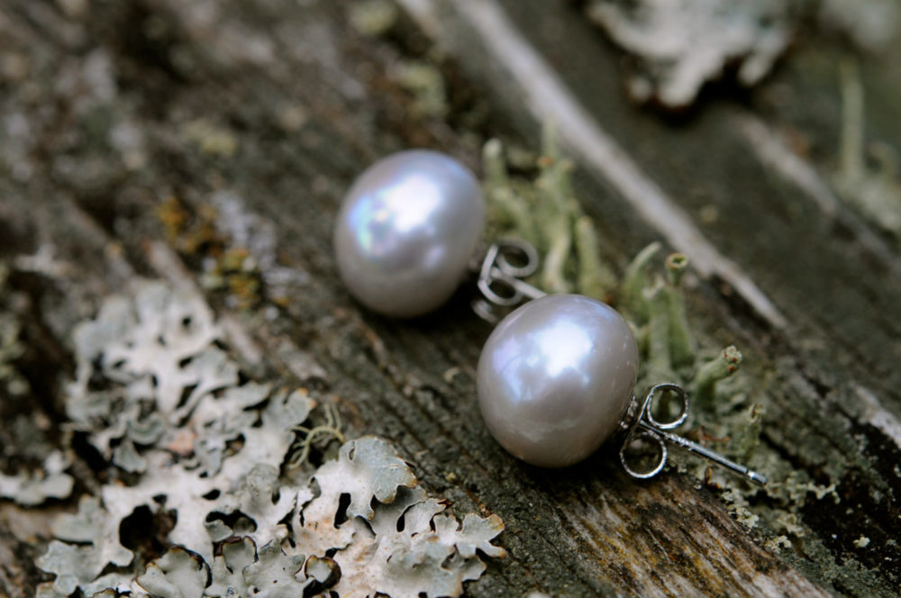 large grey pearl stud earrings, elegant grey pearl studs, subdued luxury