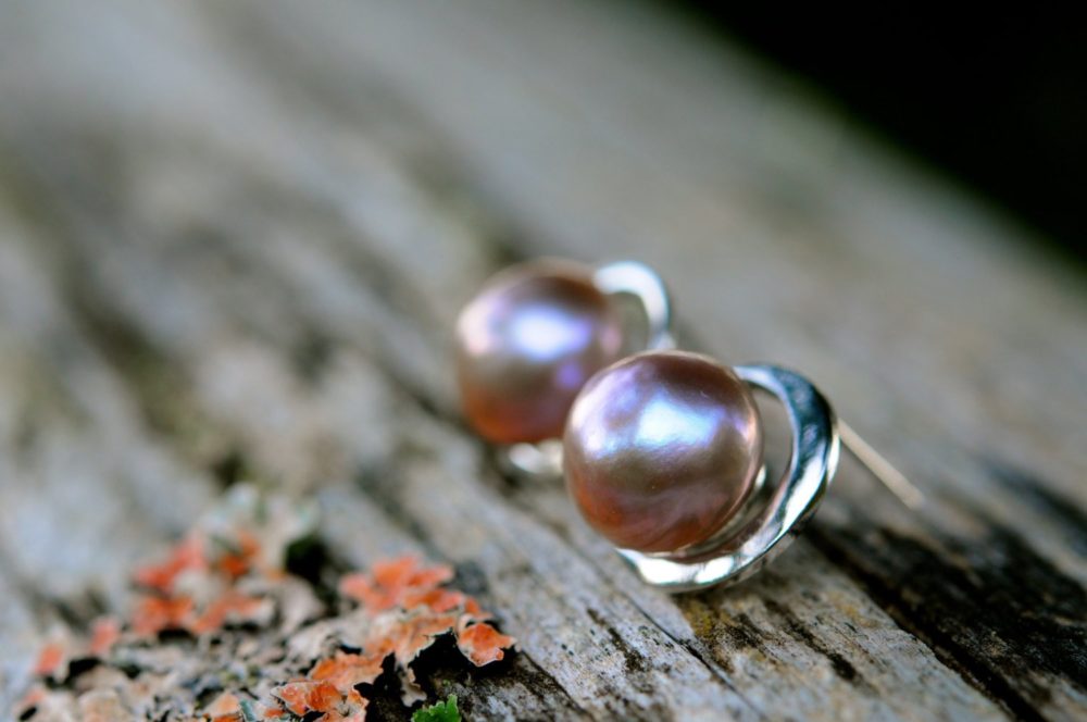 large pink pearl studs, 12mm mauve pink pearl, sterling silver base setting, deluxe jumbo backs