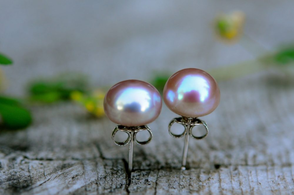lavender pink pearl stud earrings, strong light pink pearl earring studs, pink pearl studs on sterling silver,