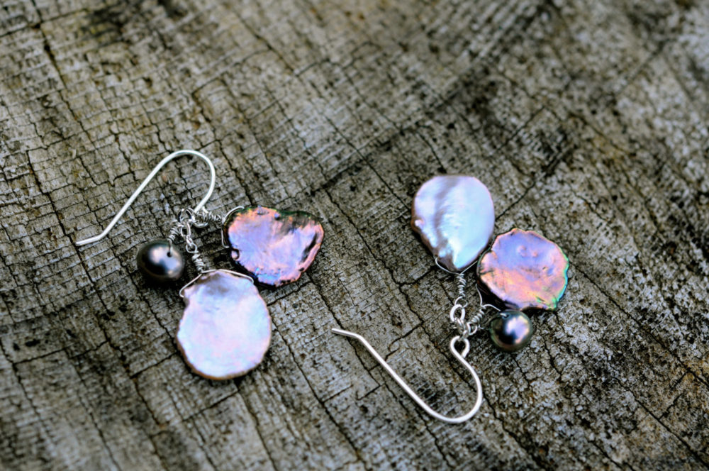mauve and dark pecock keshi pearl earrings, petal pearl earrings, handmade june birthday gift, sensuous combination of colors and shapes!