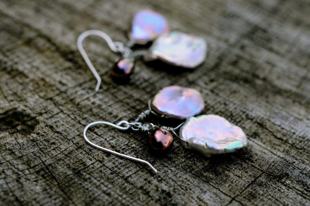 mauve/lavender pink keshi pearl dangle earrings, petal pearl earrings, unique pearl earrings, june birthday, handmade