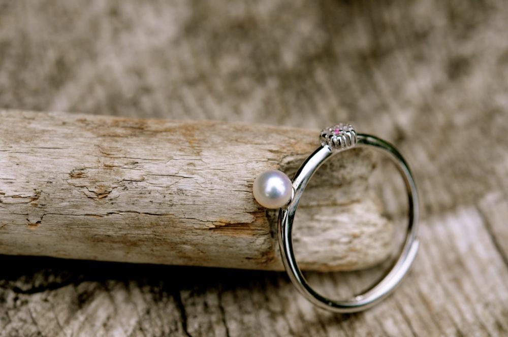 mini 4mm white pearl and tiny crystal cherry blossom ring, variable size pearl ring, stackable pearl ring, pearl engagement ring