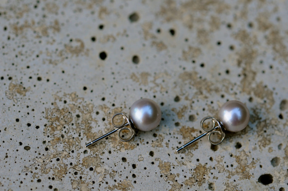 natural grey 6.5mm round pearl stud earrings, fine pearl stud earrings, small grey pearl earring studs