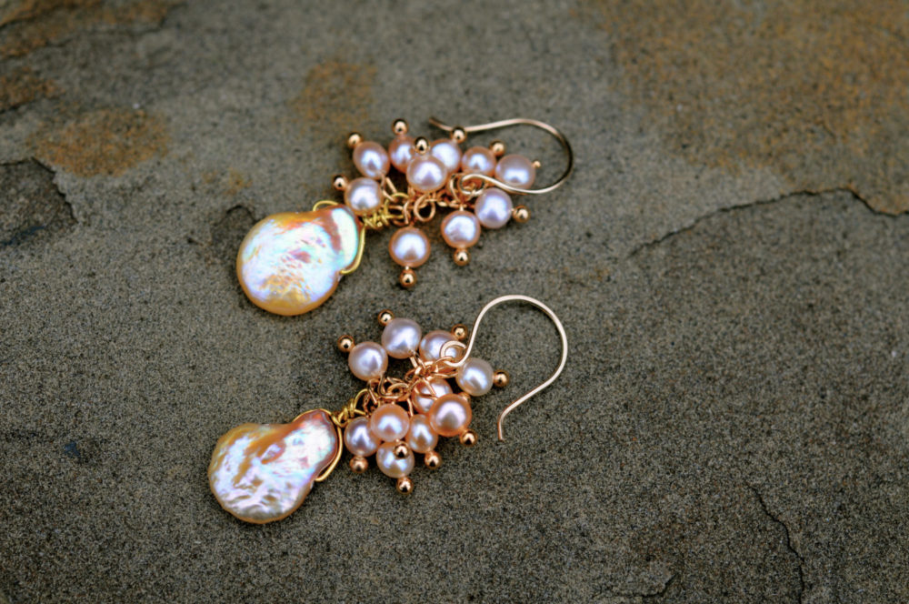 peach pearl cluster and gold coin pearl dangle earrings, fine gold cluster pearl dangle earrings, june birthday, gift for her