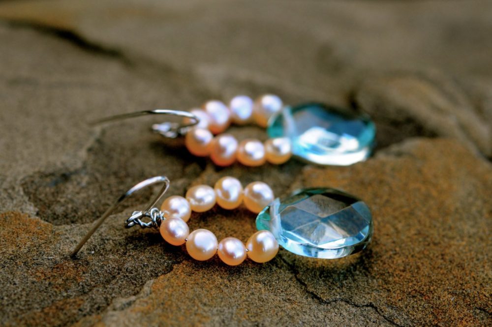 peach pearls and blue crystal earrings, blue and peach earrings, pearl and crystal earrings, something blue