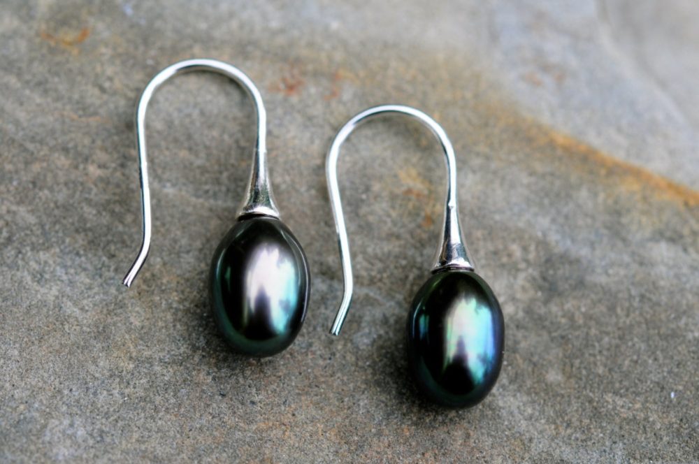 peacock/teal green teardrop pearl earrings, single drop pearl earrings