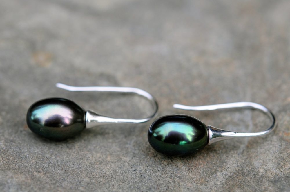 peacock/teal green teardrop pearl earrings, single drop pearl earrings