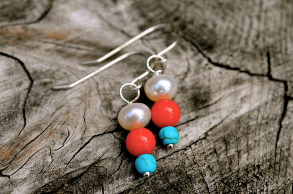 pearl coral turquoise earrings, chic and small dangle earrings, with a pearl and a splash of bright colors