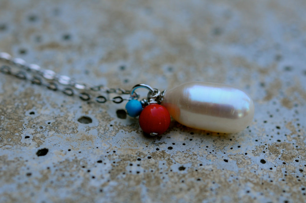 pearl pendant necklace, pearl coral and turquoise pendant necklace on a find silver chain