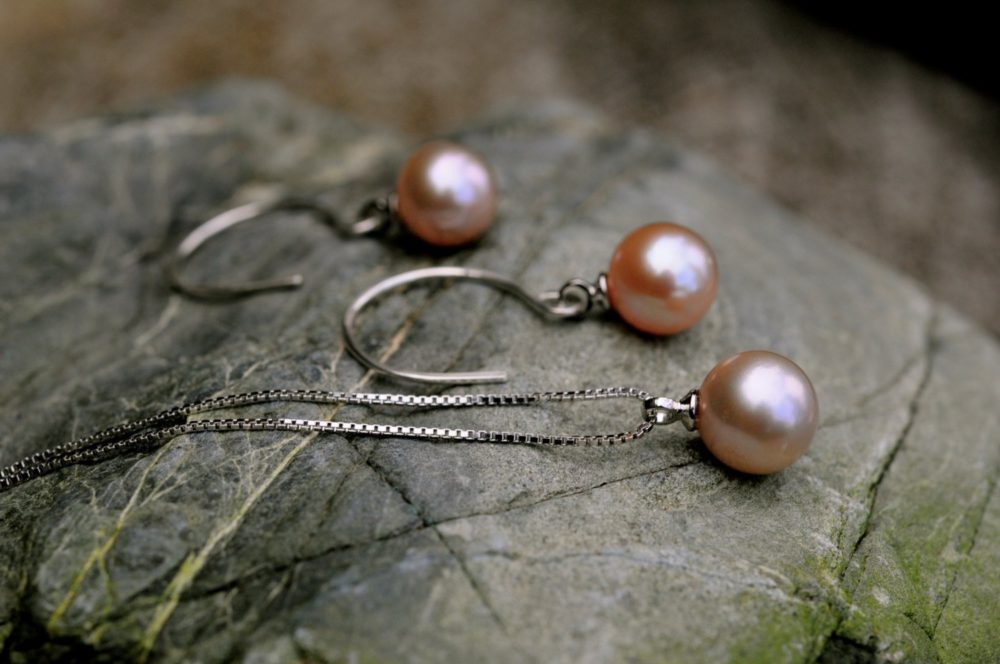 pink pearl pendant necklace/earrings set, 8-8.5mm round fine pink pearls, fine sterling silver chain and handmade ear wires
