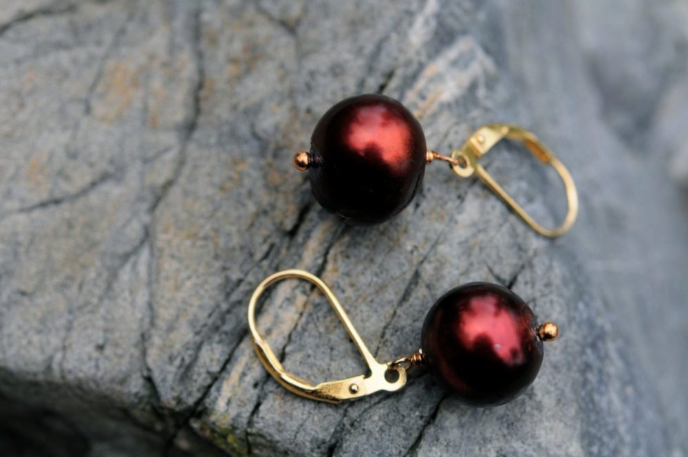 pomegranate red pearl dangle earrings, large single drop pearl earrings, valentine's earrings, large red pearl dangle earrings