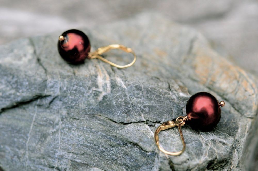 pomegranate red pearl dangle earrings, large single drop pearl earrings, valentine's earrings, large red pearl dangle earrings