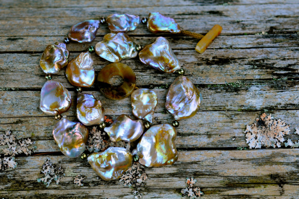 pondslime flat baroque pearl necklace, jade clasp, handmade ooak