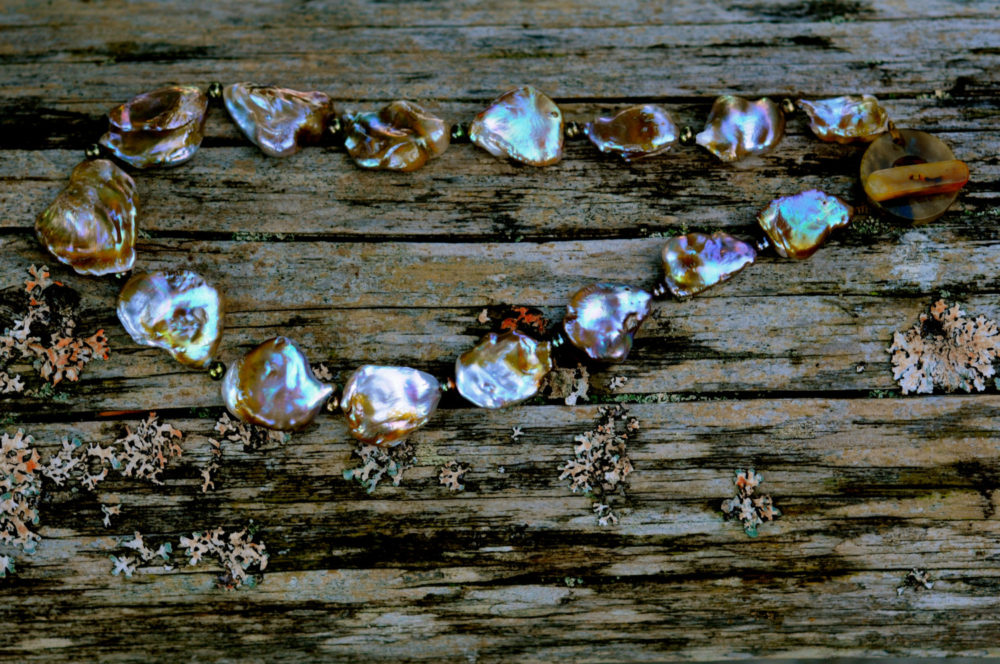 pondslime flat baroque pearl necklace, jade clasp, handmade ooak