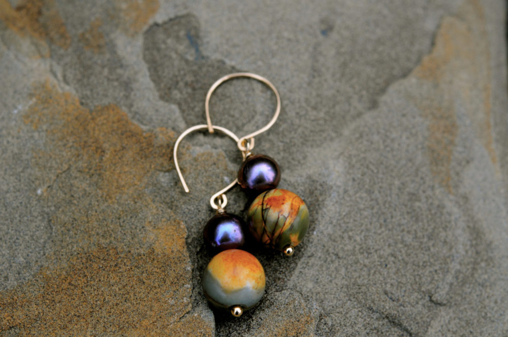 purple pearl and earthy jasper stone earrings, natural stone and pearl earrings, purple and mustard colored earrings