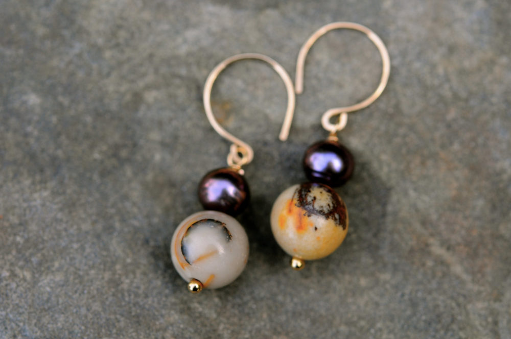 purple pearl and earthy jasper stone earrings, natural stone and pearl earrings, purple and mustard earrings