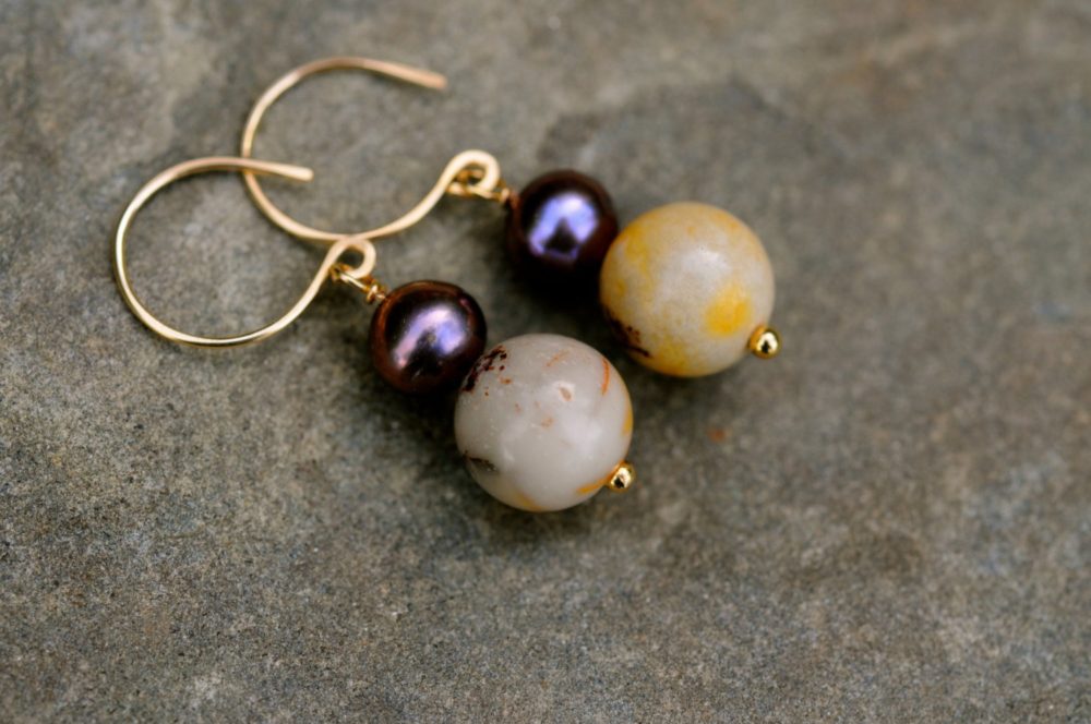 purple pearl and earthy jasper stone earrings, natural stone and pearl earrings, purple and mustard earrings
